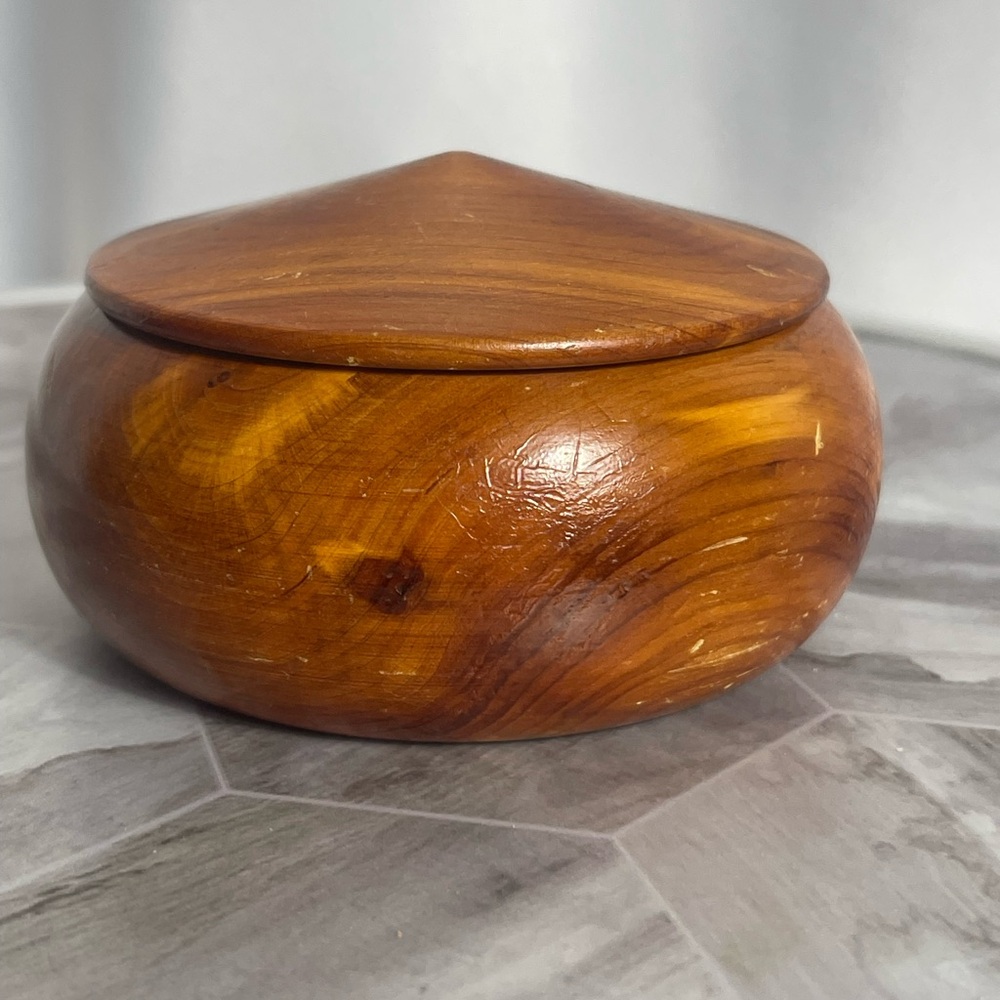 Vintage Hand-Turned Wooden Bowl with Lid – Mid Century Teak Style Trinket Box